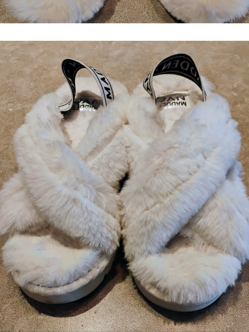 Steve Madden White Faux Fur Crisscross Slide Slippers